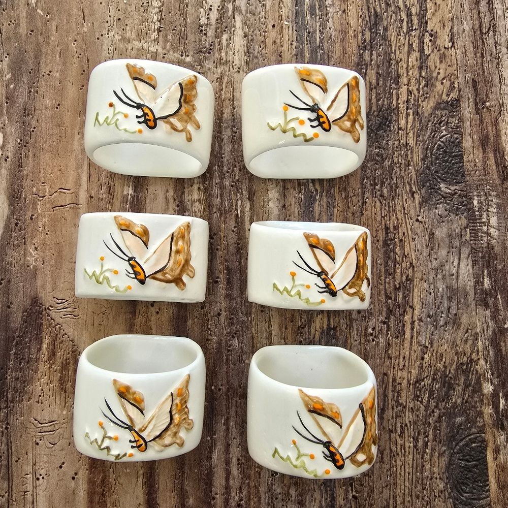 SET OF 6 PORCELAIN NAPKIN RINGS Hand Painted BUTTERFLIES